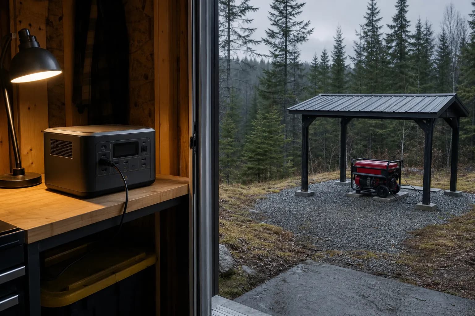 Indoor portable battery station contrasted with an outdoor fuel generator at a Canadian home