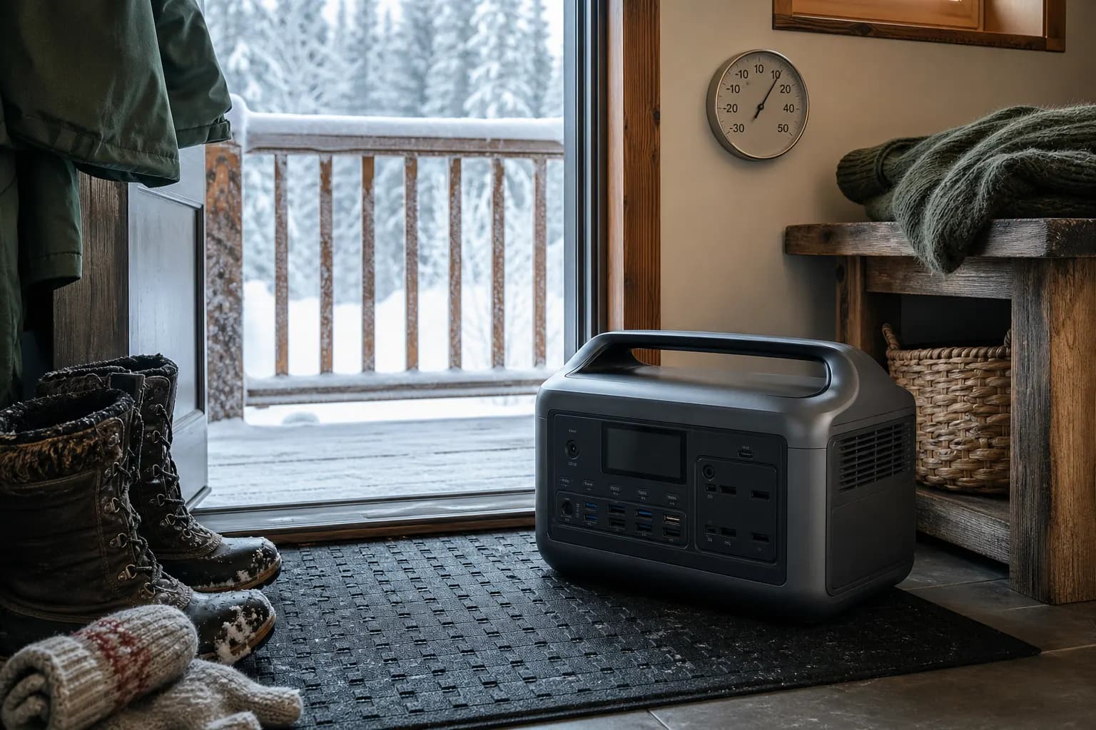 Portable battery station warming indoors beside winter boots and a snowy Canadian porch
