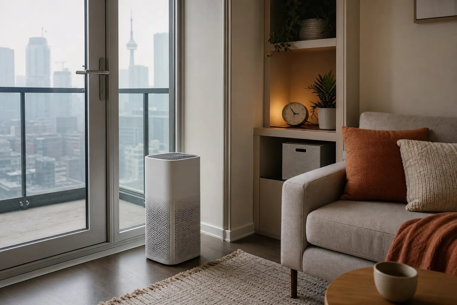 Generic air purifier in a compact Canadian condo living room during hazy smoke conditions