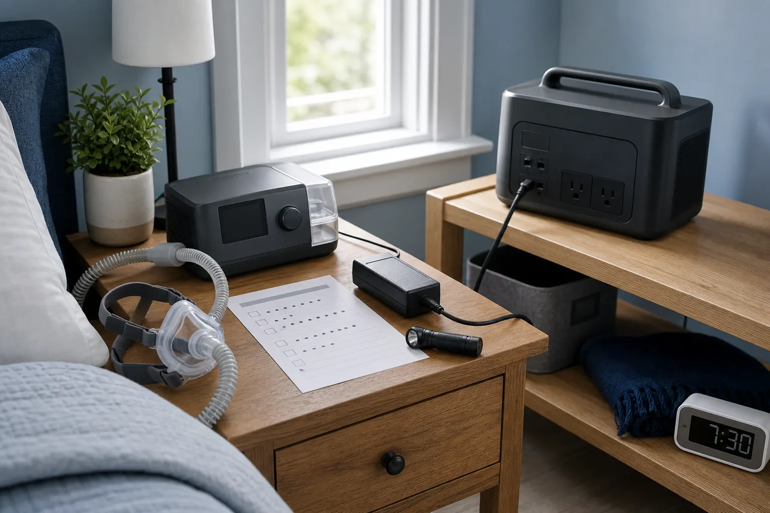Generic CPAP machine, power adapter, and portable battery arranged for backup planning