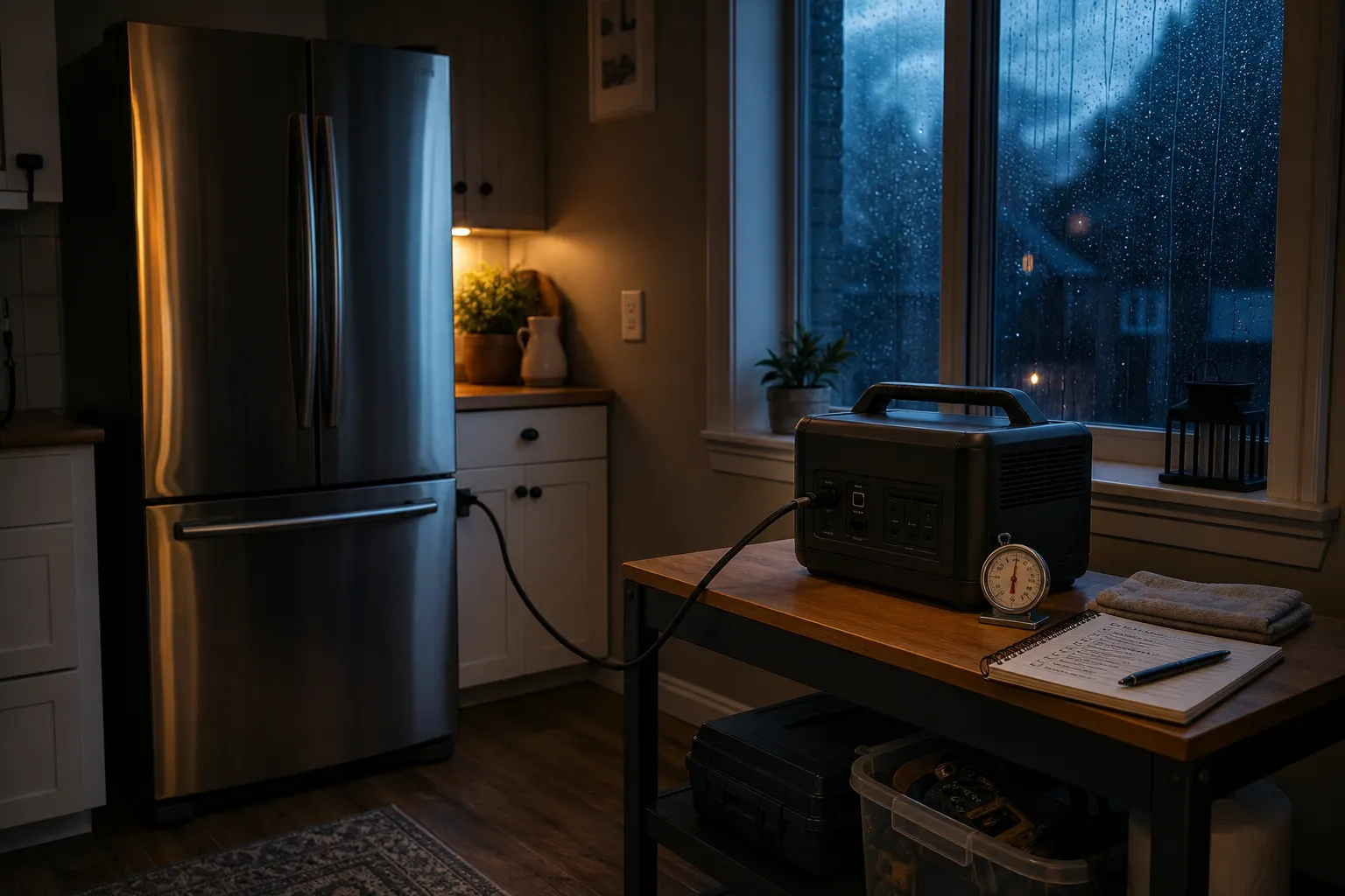 Generic portable battery station connected to a refrigerator during a rainy storm outage