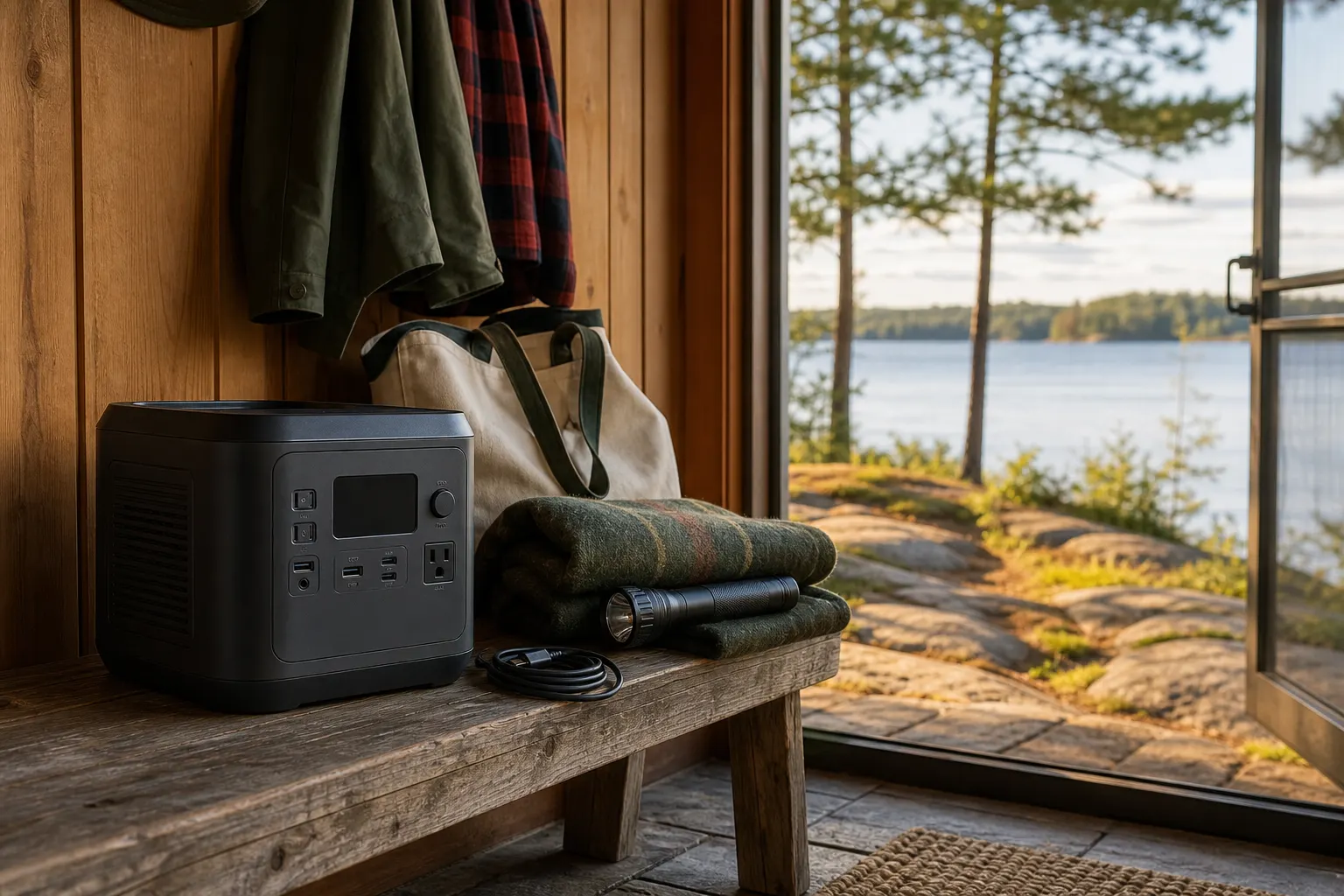 Generic portable battery station staged with a flashlight and blanket inside a Muskoka cottage