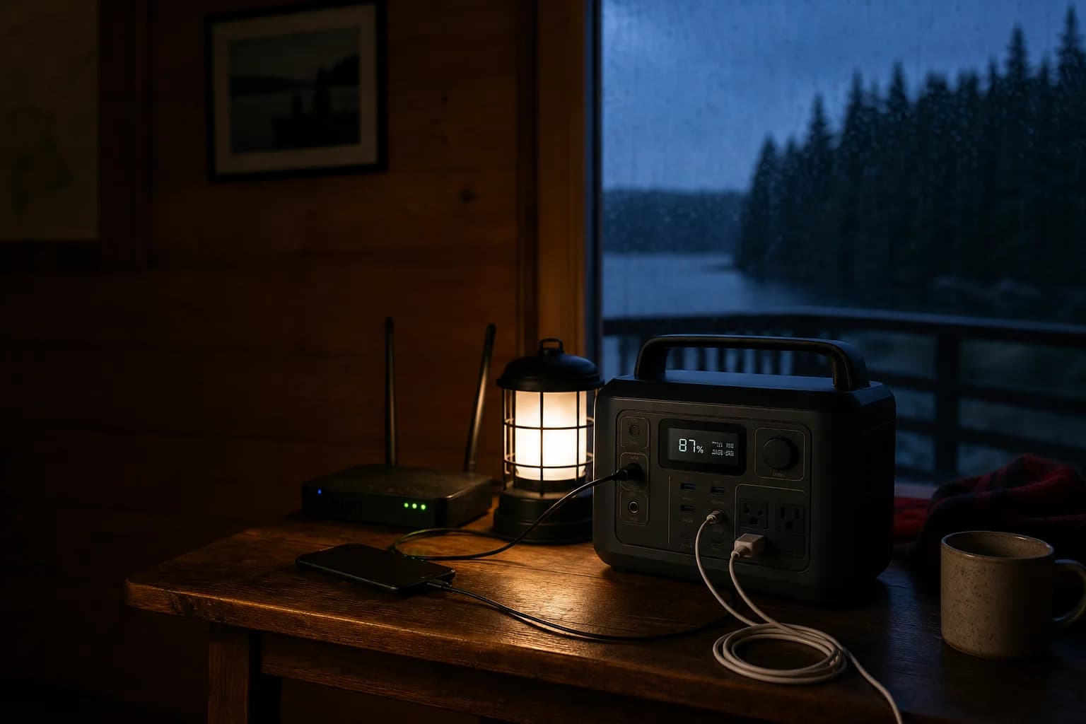 Generic portable battery station powering a router and lantern in a Canadian cottage during an outage