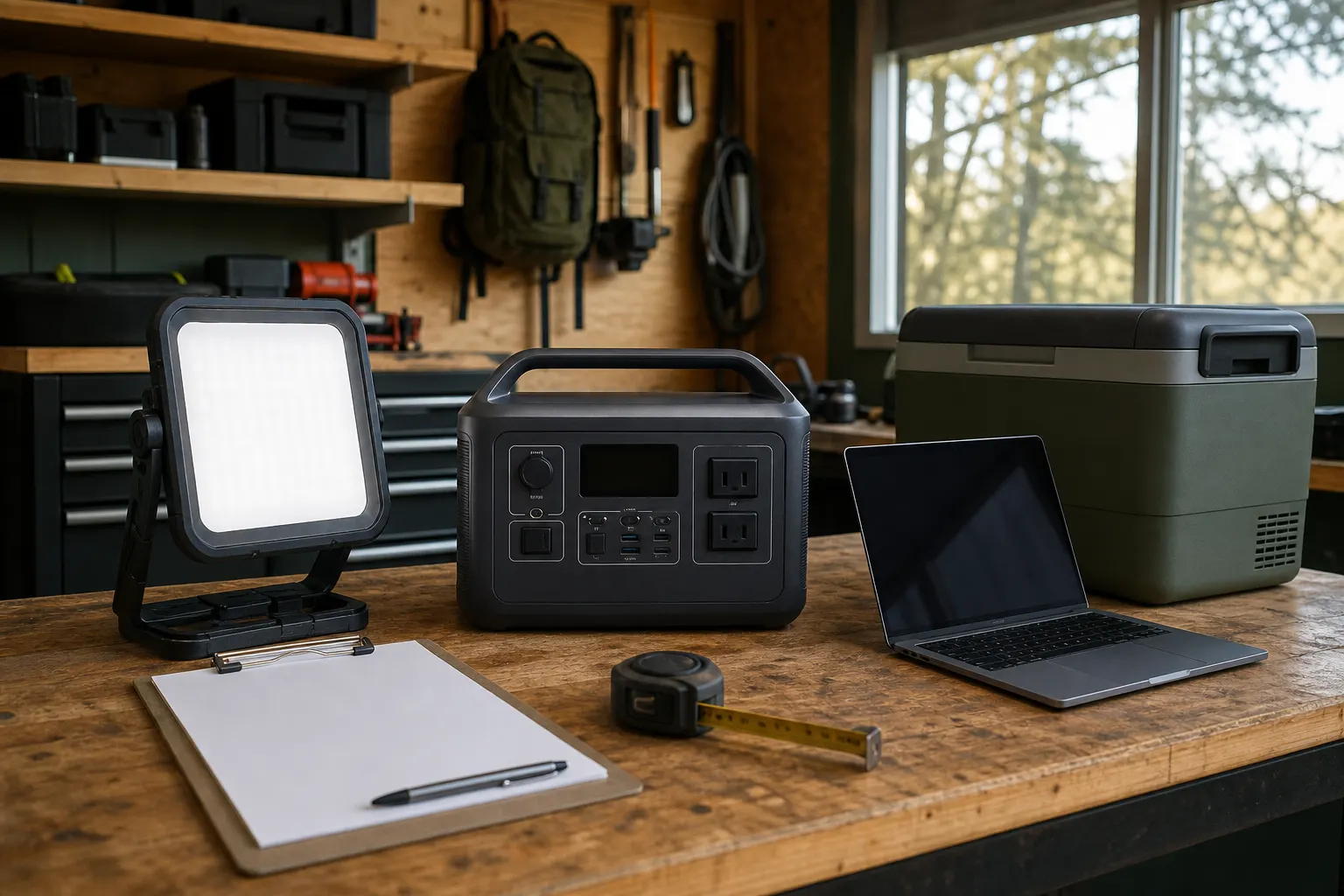Mid-size generic portable battery station beside a work light, laptop, and compact cooler