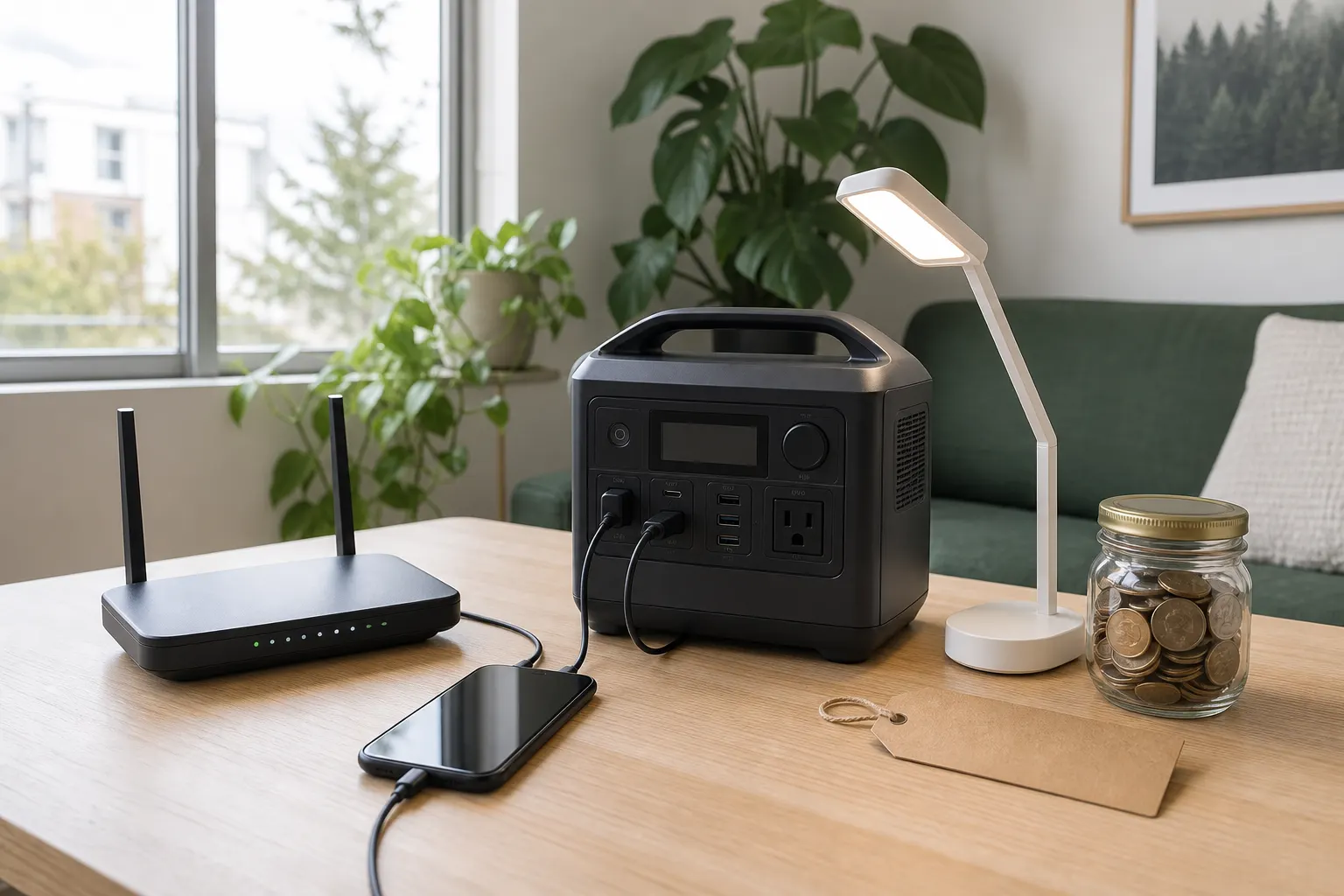 Compact generic portable battery station supporting a router, phone, and task light