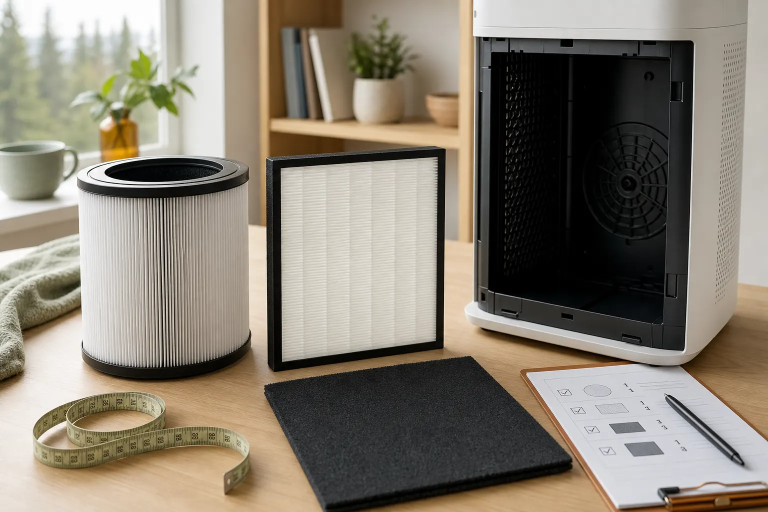 Cylindrical, panel, and charcoal air filters arranged beside an open generic air purifier