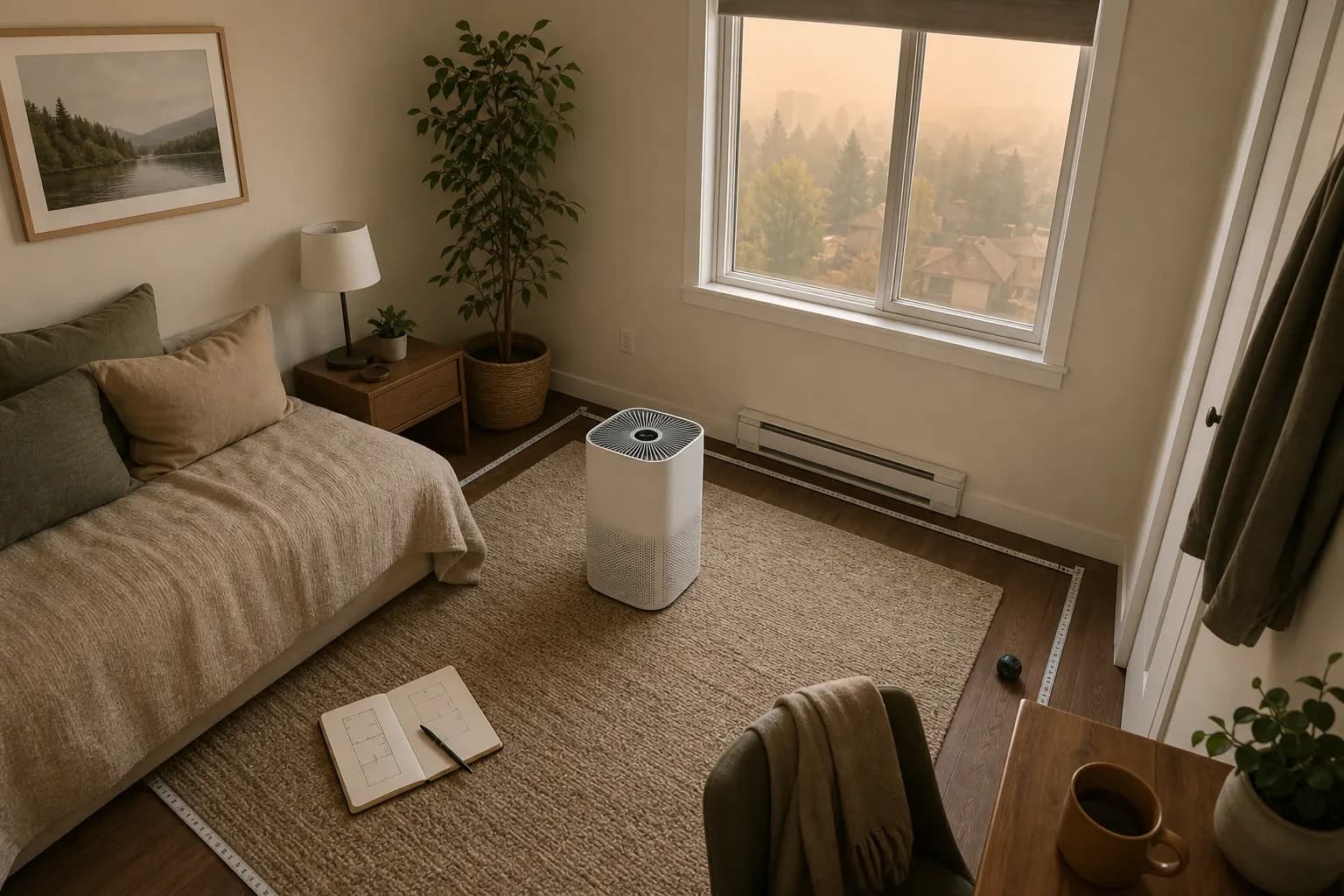 Generic air purifier in a measured condo room during hazy wildfire-smoke conditions