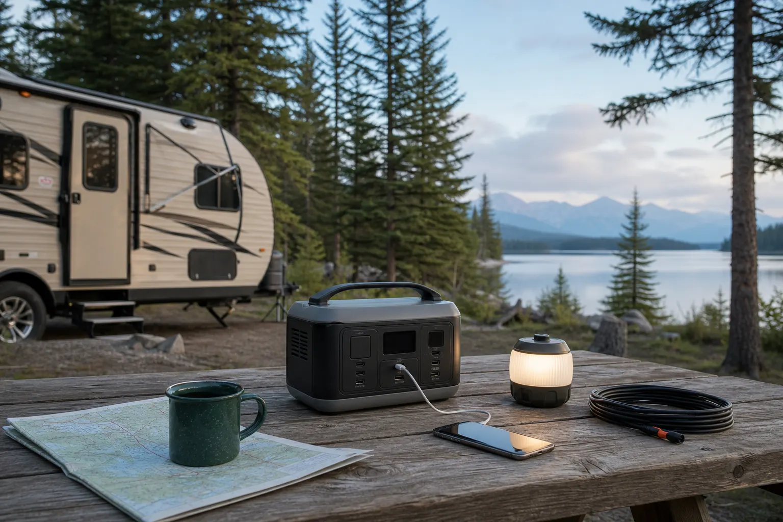 Generic portable battery station charging a phone and camp light at a Canadian RV campsite
