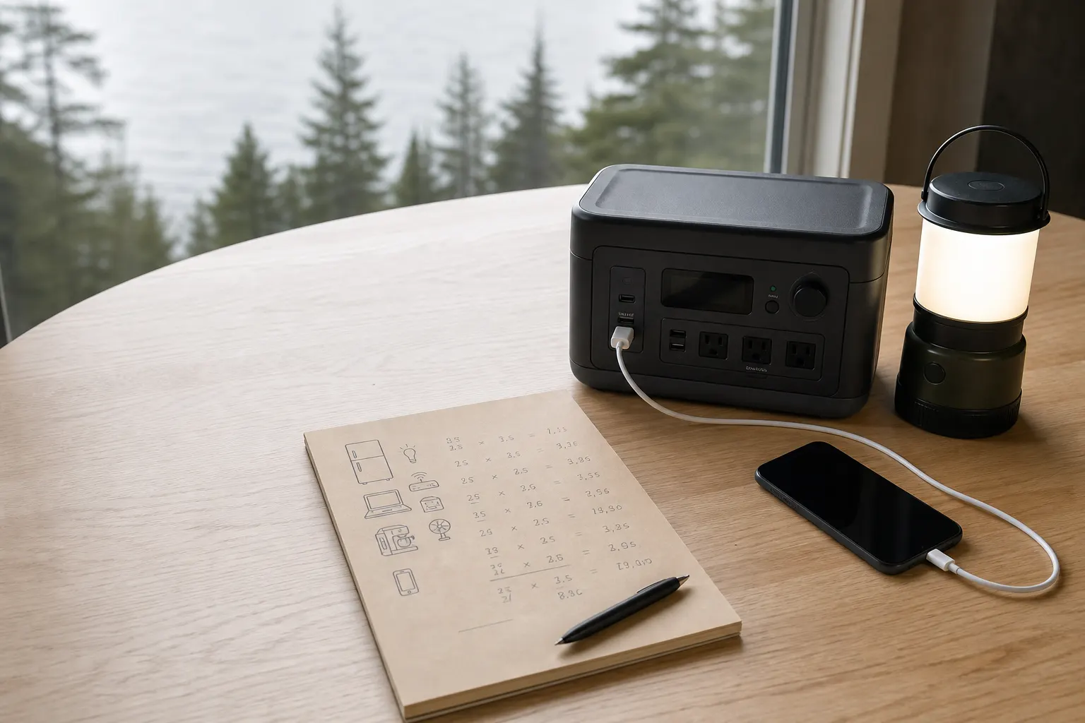 Generic portable battery station beside a watt-hour planning worksheet, lantern, and charging phone