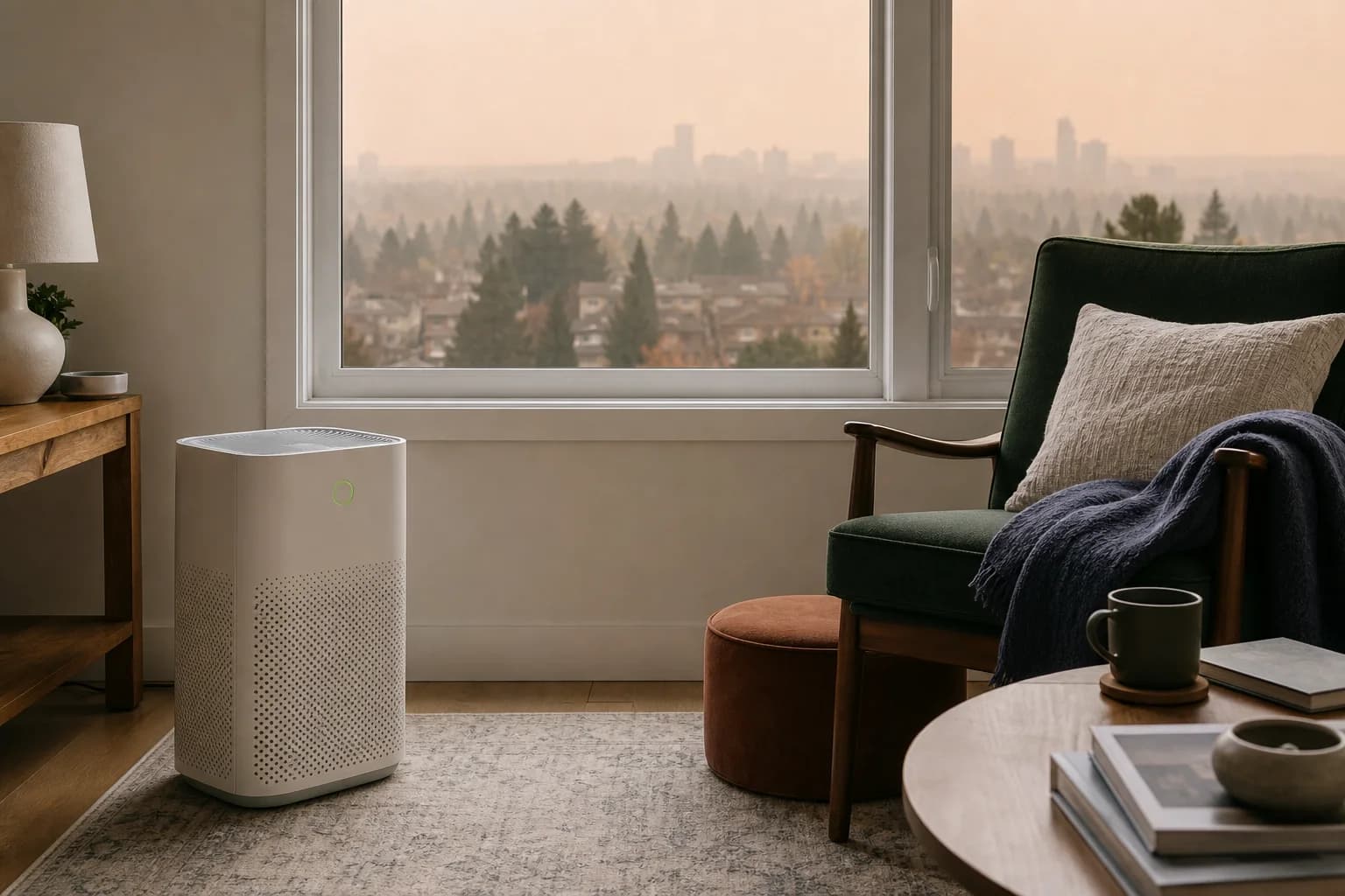 Generic air purifier in a closed Canadian living room during hazy wildfire-smoke conditions